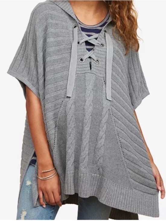 Motherhood Maternity Sweaters - Motherhood Maternity Gray Knit Lace-Up Hooded Poncho Sweater S/M Cozy Oversized